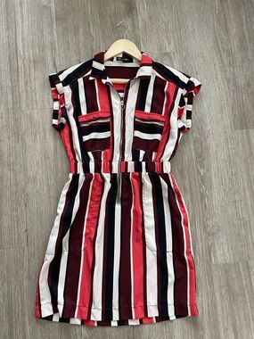 Express Striped Zip-Front Shirt Dress | Red Black White | Size M